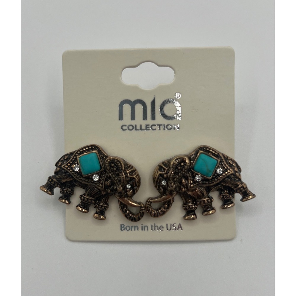 Mia Collection Elephant Stud Earrings Copper Tone Turquoise Rhinestone MME5120